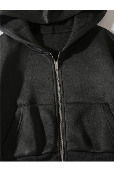 MOONBULL Kadın Oversize Fermuarlı Kapüşonlu Crop Sweat Hırka