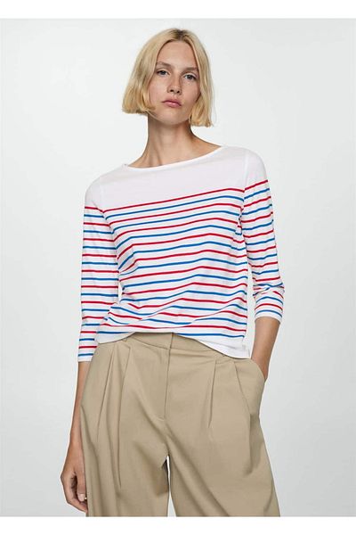 MANGO Woman T-shirt w paski z dekoltem w łódkę