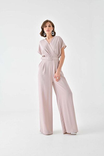 FTZ WOMEN Μπεζ γυναικεία ολόσωμη φόρμα 30724 - Ζώνη με λεπτομέρειες