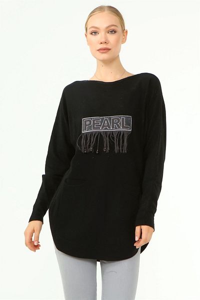 FTZ WOMEN Pulover de damă negru oversize brodat în față - 21-1290