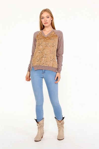 FTZ WOMEN Women's Plush Embroidered Knitwear Beige 21-1043