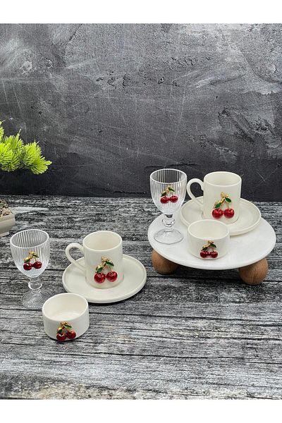 YzHome 2-Person Porcelain Cherry Cup Set and 2 Porcelain Cherry Bottles and 2 Glass Cups