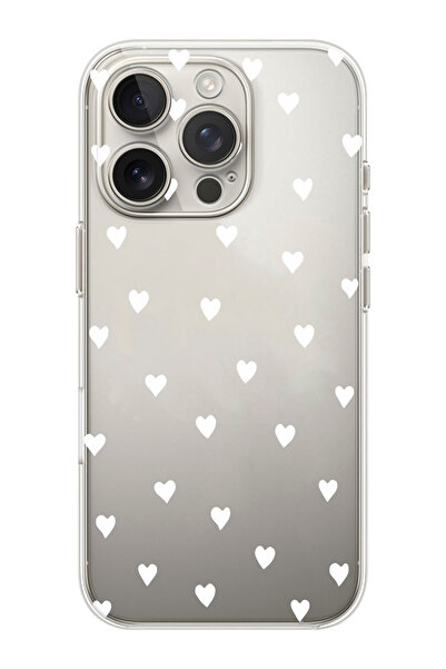 shoptocase iPhone 16 PRO Uyumlu Beyaz Kalpler Desenli Şeffaf Silikon Telefon ...