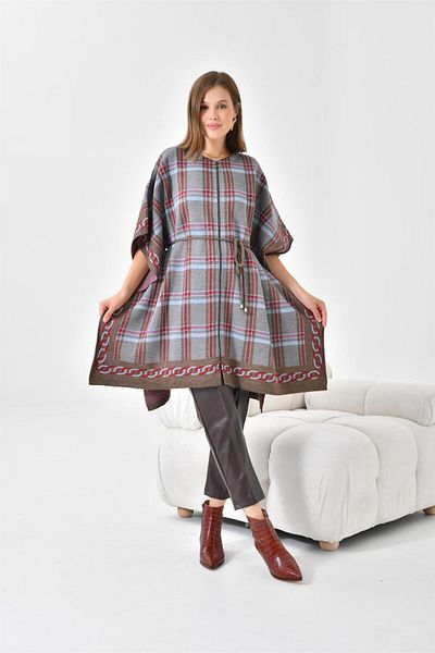 FTZ WOMEN Γυναικεία καρό λεπτομέρεια Poncho Brown 21-1116