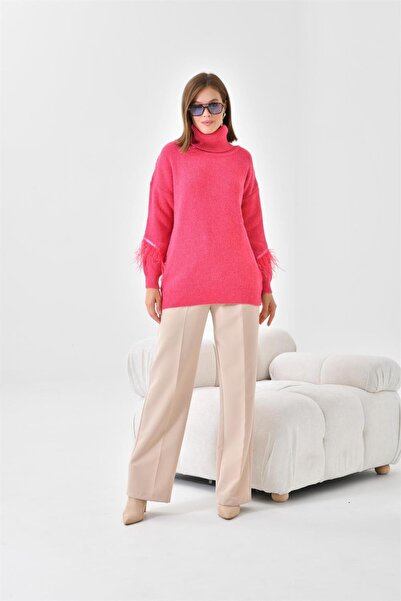 FTZ WOMEN Kadın Kuş Tüyü Detaylı Kazak Fuşya 20409