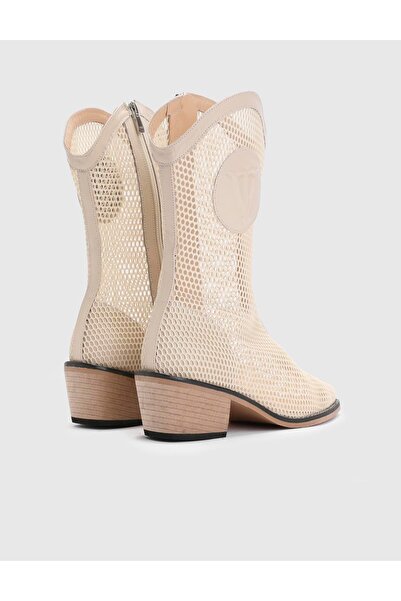 İLVİ Reijo Hakiki Deri File Kadın Bej Topuklu Bot