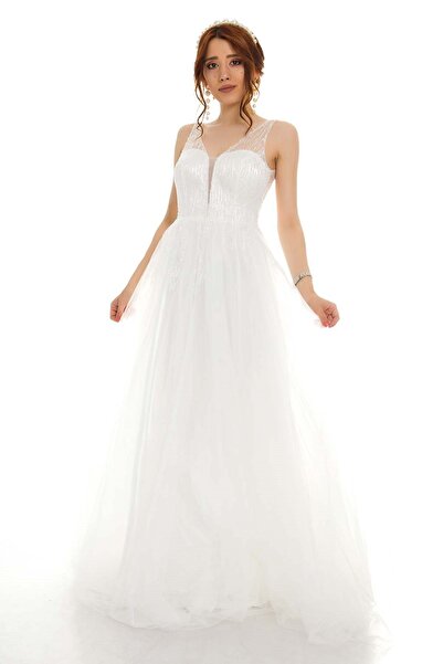 Fistan moda 6871 İşlemeli Uzun Tül Nişanlık