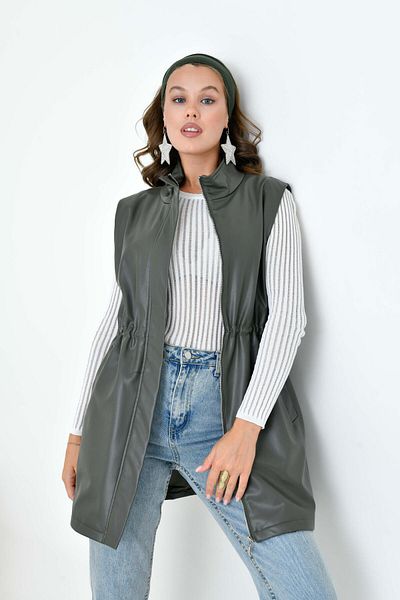 FTZ WOMEN Khaki Leather Women's Vest - 30927