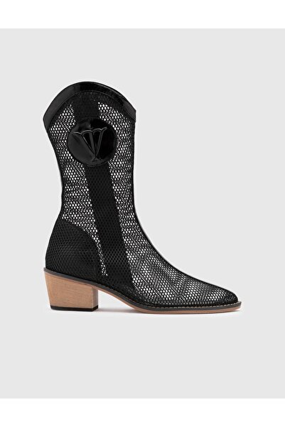 İLVİ Reijo Hakiki Rugan Deri File Kadın Siyah Topuklu Bot