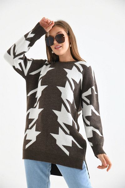 FTZ WOMEN Women's Houndstooth Detailed Blouse Brown 20031