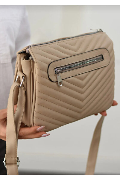 eflanmoda Sanmorris bej rengi 3 bölmede çapraz kullanıma uygun omuz çantası