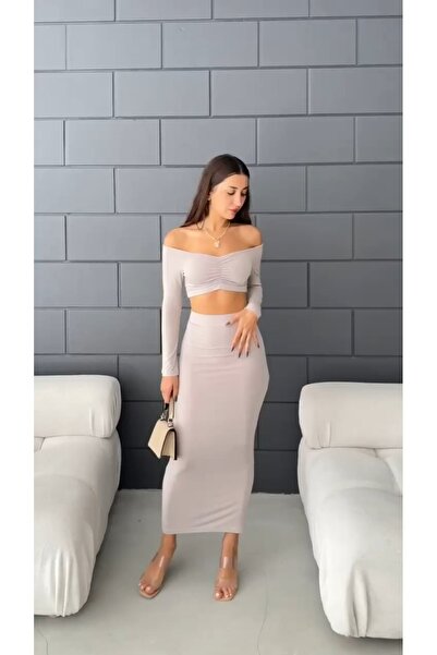 Fav Style Beige Colored Women's Crop Blouse and Long Skirt Set - Boat Neck, Long Sleeve and Gathered