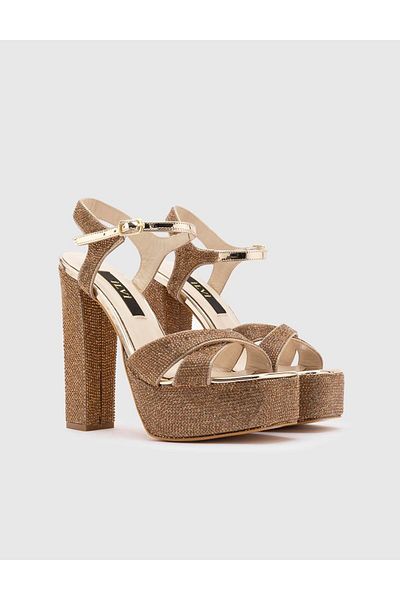 İLVİ Jumana Genuine Leather Stoned Women's Gold Color Heeled Sandals