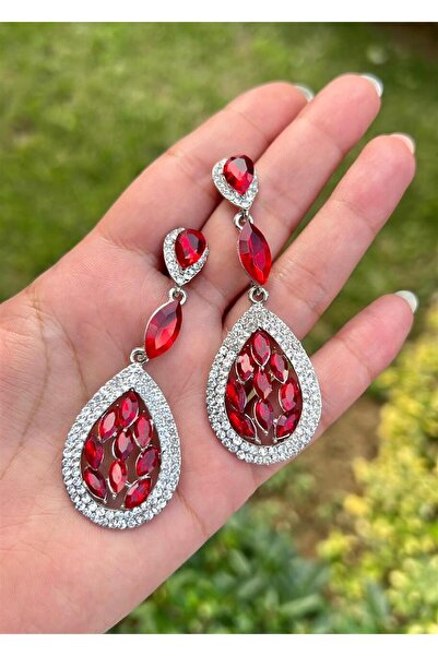 Defne Silver أقراط فستان سهرة كريستال أحمر