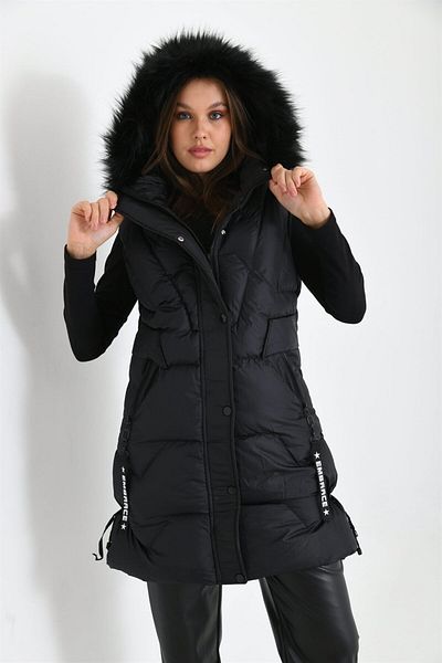 FTZ WOMEN Black Puffer Vest - Fur Detailed, Women's, Rbn2029