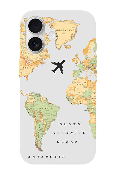 shoptocase iPhone 16 Uyumlu Eski Dünya Haritası Desenli İçi Süet Silikon Tele...