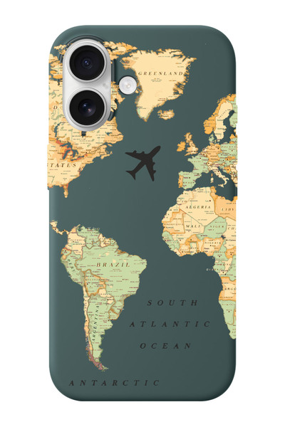 shoptocase iPhone 16 Uyumlu Eski Dünya Haritası Desenli İçi Süet Silikon Tele...