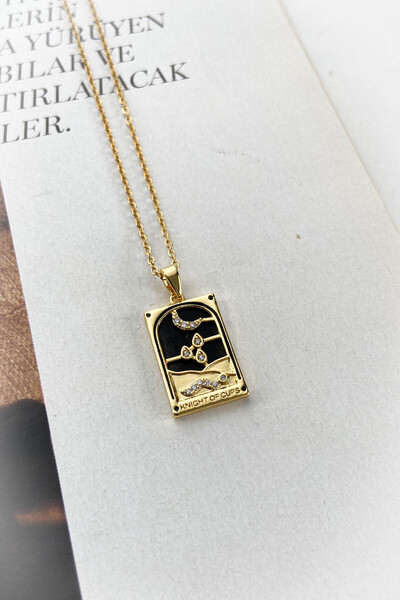 roshel Çelik İnce Zincir Altın Renk Dikdörtgen Kinght Of Cups Çelik Kolye
