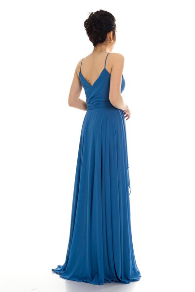 DORİDORCA 2057 Kb Ince Askılı Derin Yırtmaçlı Şifon Uzun Elbise