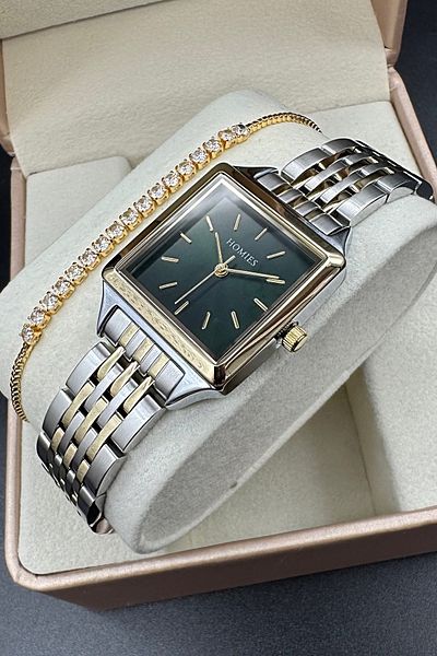 Homies Square Women's Wristwatch Case and Cord Gold and Silver Inner Dial Color Dark Green