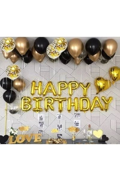 Pink Party Concept Happy Birthday Birthday - Gold Foil Letter Balloon, Pastel Black Transparent Confetti