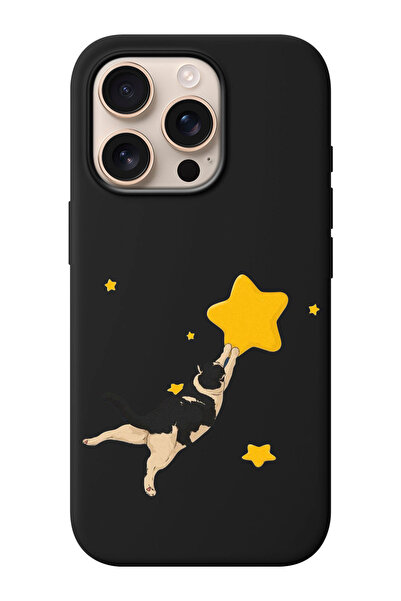 shoptocase iPhone 16 PRO Uyumlu Kedi ve Yıldız Desenli İçi Süet Silikon Telef...
