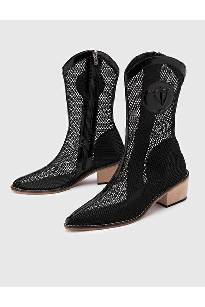 İLVİ Reijo Hakiki Rugan Deri File Kadın Siyah Topuklu Bot
