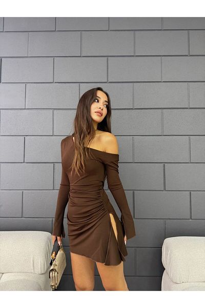 Fav Style Дамска мини рокля с асиметрична яка и дълъг ръкав, кафява