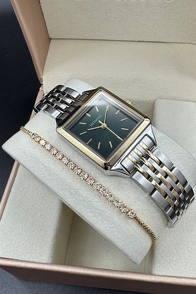 Homies Square Women's Wristwatch Case and Cord Gold and Silver Inner Dial Color Dark Green