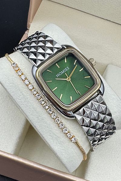 Homies Caterpillar Patterned Square Women's Wristwatch - Gold and Silver Color