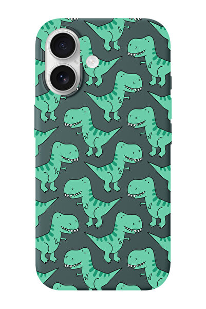 shoptocase iPhone 16 Uyumlu Dinozor Desenli İçi Süet Silikon Telefon Kılıfı