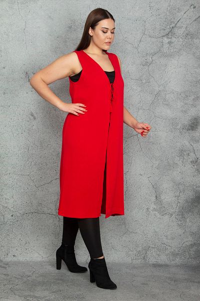 Şans Women's Large Size Red Lacing Detailed Unlined Long Vest 65N38333
