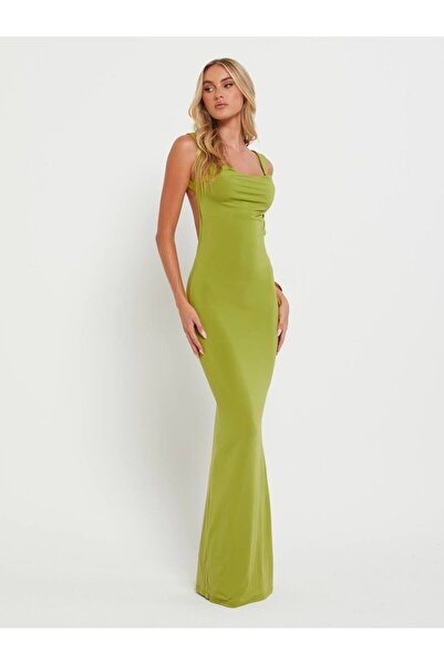 theanemos Sırt Dekolteli Yeşil Elbise
