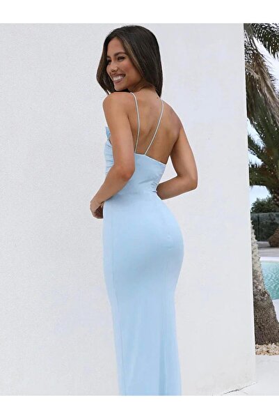 theanemos Gül Detaylı Drapeli Uzun Elbise