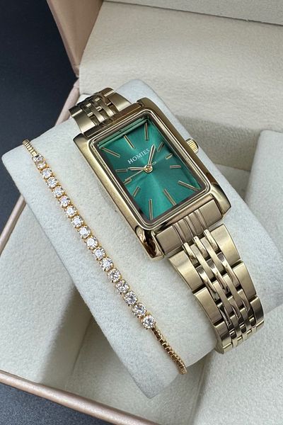 Homies Rectangular Case Model Women's Wristwatch Gold Color Green Dial Bracelet Gift.