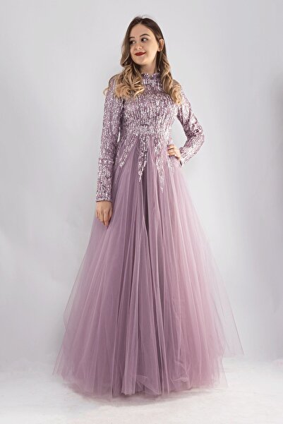 fistan 6950 Uzun Kol Sim Işli Tesettür Nişanlık Abiye Elbise