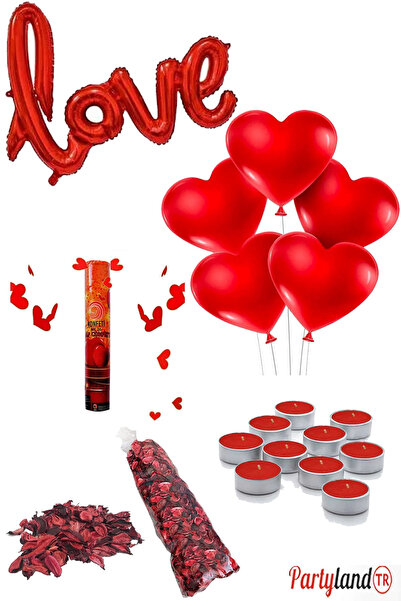 PartylandTR Kırmızı Kuru Gül Kalp Konfeti Mum Love Balon Evlilik Teklif Sevgi...