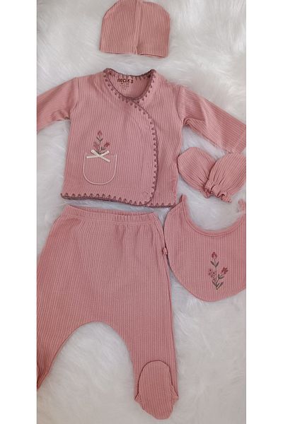 Necix's Newborn Baby Girl 5-Piece Bodysuit Set with Pockets and Floral Embroidery and Original Report Hospital Release