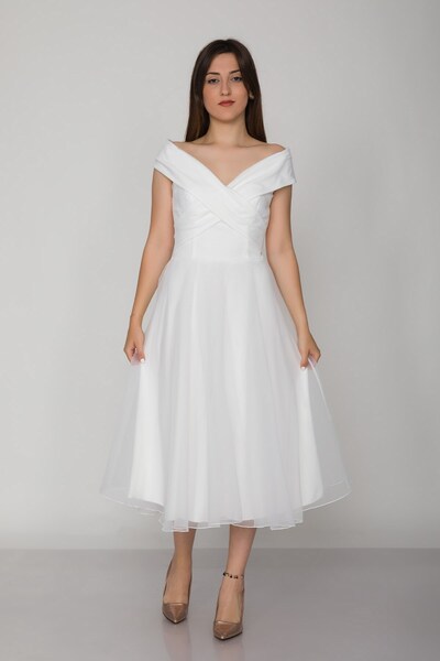 DORİDORCA 2090 Organze Kumaş Çapraz Kruvaze Yaka Kloş Etekli Kısa Elbise