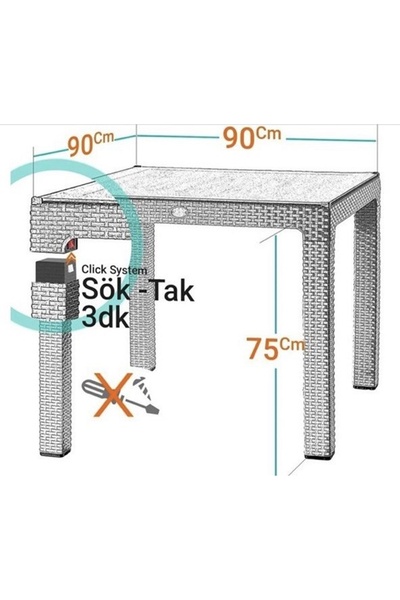 ZİYNET HOME 90x90 Rattan Masa Balkon Bahçe Teras Masası Kare Rattan Masa