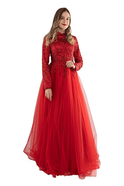 fistan 6950 Uzun Kol Sim İşli Tesettür Nişanlık Abiye Elbise