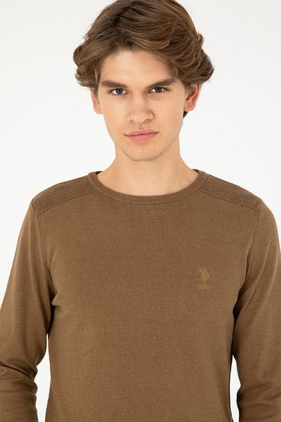 U.S. Polo Assn. Khaki Melange Slim Fit Crew Neck Men's Sweater - 50288888 -Vr125