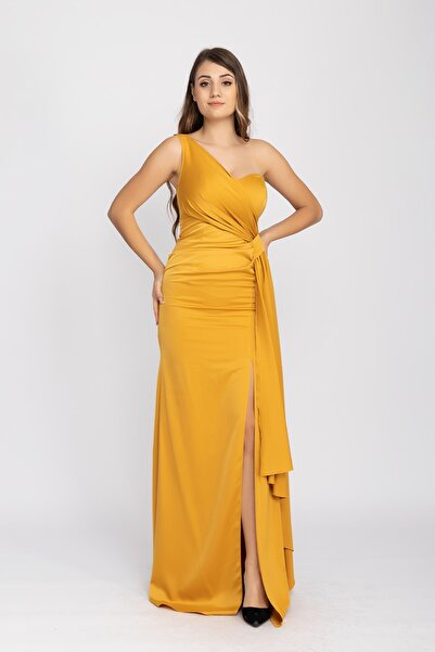 DORİDORCA 1044 Tek Omuz Şal Detay Uzun Saten Elbise