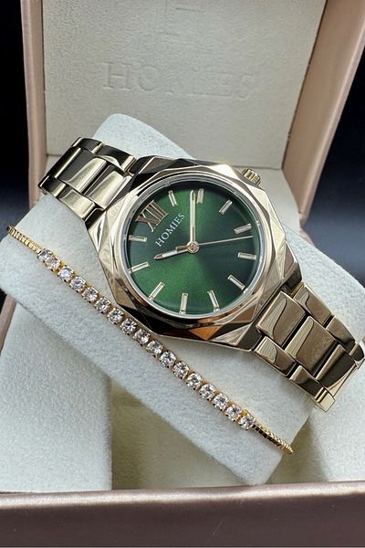 Homies Cut Case Model Women's Wristwatch Gold Color Green Dial Bracelet Gift.