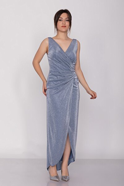 DORİDORCA 3032 Kruvaze Yaka Beli Drapeli Eteği Asimetrik Sim Abiye