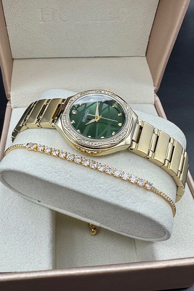 Homies Small Case Model Women's Wristwatch Gold Color Green Dial Bracelet Gift.