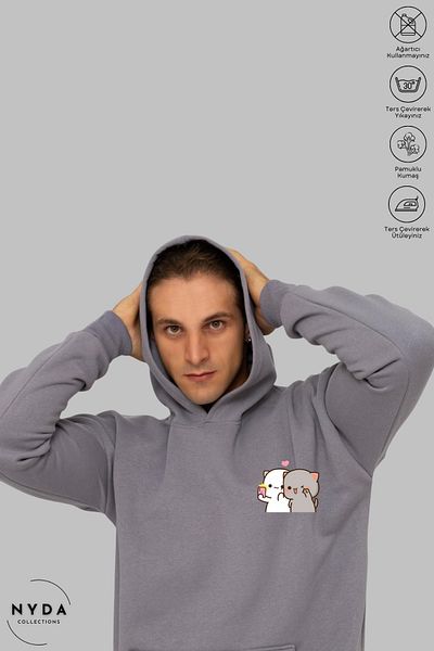 Nyda Collections Hanorac supradimensionat din bumbac unisex - Hanorac cu mânecă lungă, cu glugă, cu imprimeu selfie
