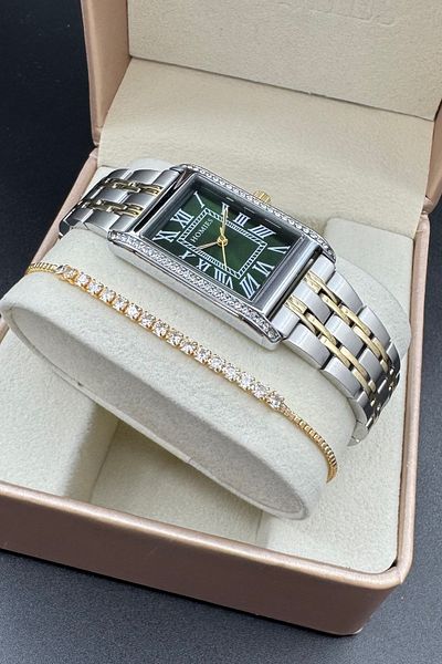 Homies Rectangular Case Model Women's Wristwatch Gold and Silver Color Green Dial Bracelet Gift.