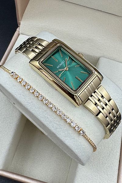 Homies Rectangular Case Model Women's Wristwatch Gold Color Green Dial Bracelet Gift.