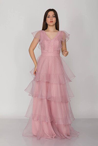 DORİDORCA 3047 Eteği Katkat Yaka Volanlı Puntolu Organze Uzun Elbise